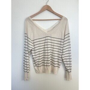 Zara Cream Striped V-Neck Wool Blend Sweater Lace Trim Coquette Preppy Coastal